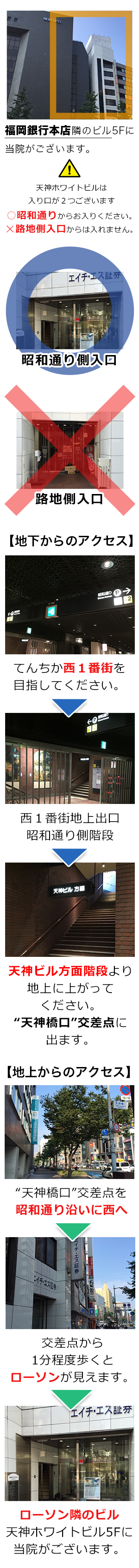 注意！！天神ホワイトビルは入り口が２つございます。ですが、路地側入口から来ていただいても、当院にはご来院出来ませんのでご注意下さい。※別テナントさんが入ってます。